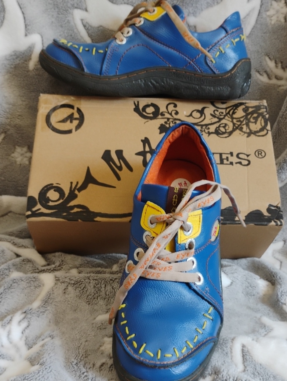 TMA EYES Womens Blue Leather Lace-Up Sneakers With Yellow &Orange Accents 8/39